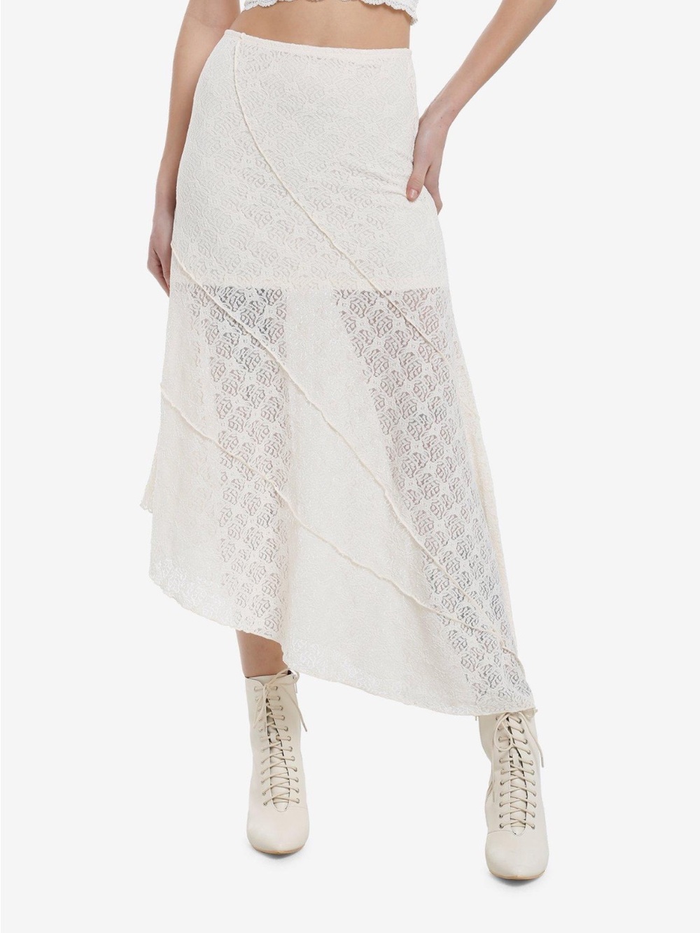 Asymmetrical Cream Lace Midi Skirt